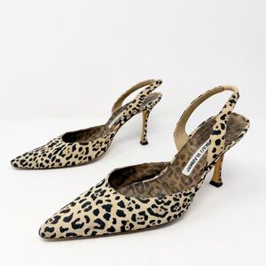 Manolo Blahnik Carolyne Leopard Print Canvas Slingback Heels Womens Size EU 38.5